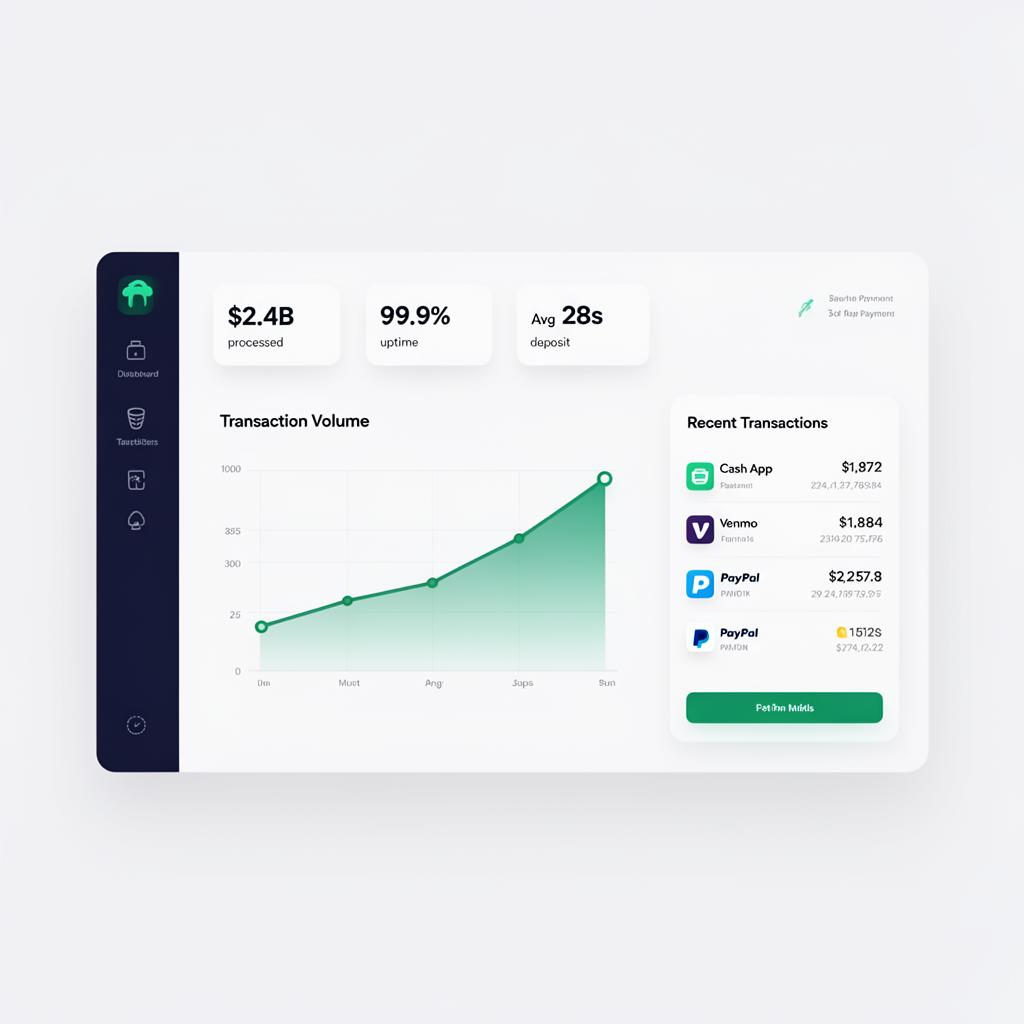 NexaPayout merchant dashboard showing transaction volume, recent payments and uptime stats